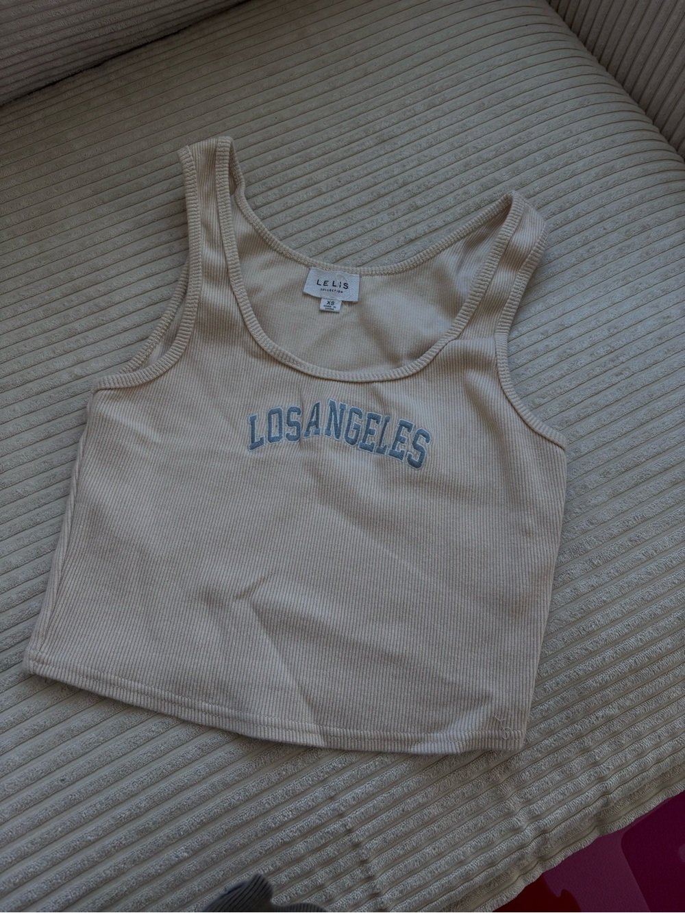 Le Lis Cream Ribbed Tank with Light Blue "LOS ANGELES" Print